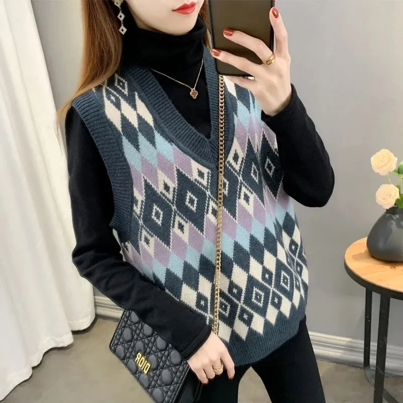 

Argyle Fashion Knitted Vest Women Casual Korean Pullover Harajuku Printed Spring Autumn Sleeveless V-Neck Tank Top