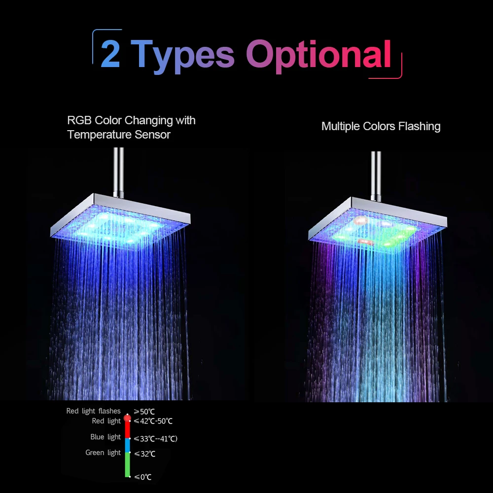 

LED Light Rain Shower Head Automatic RGB Color Changing Temperature Sensor Square Shower Head for Bathroom 2020 New