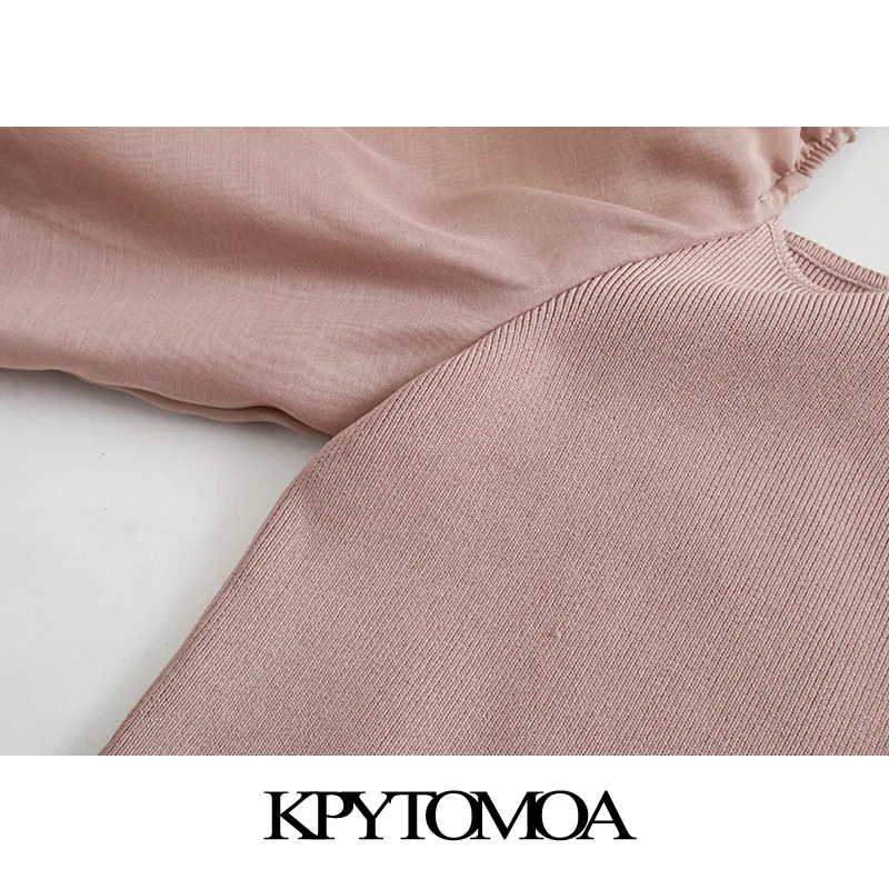 

KPYTOMOA Women 2020 Sweet Fashion Patchwork Organza Knitted Blouses Vintage See Through Sleeve Stretch Female Shirts Chic Tops