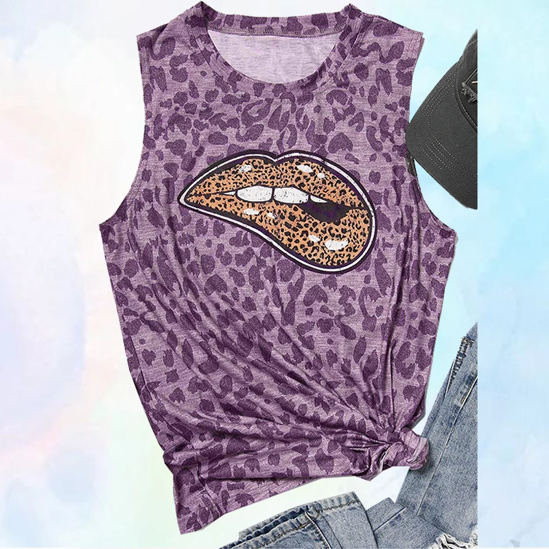 

Lips Print Women Panther Tank Tops O-neck Sleeveless Oversized Tank Tshirt Ladies Summer Harajuku Fashion Clothes