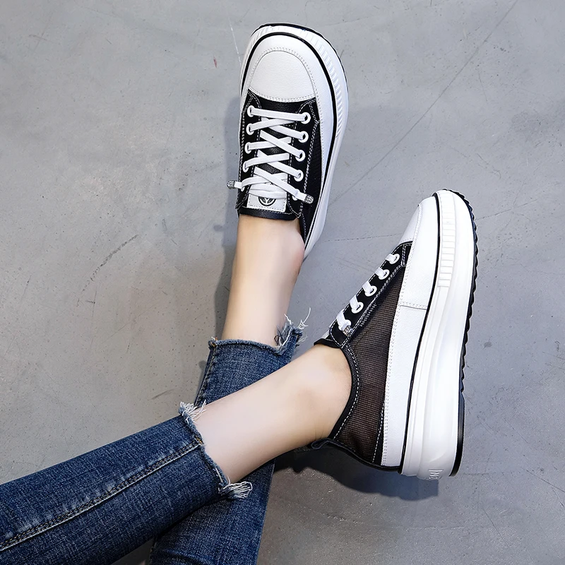 

Genuine Leather Mesh Shoes Woman 2021 New Summer Breathable Fashion Casual Flat Women's Shoes Vulcanized Med Heels B0008