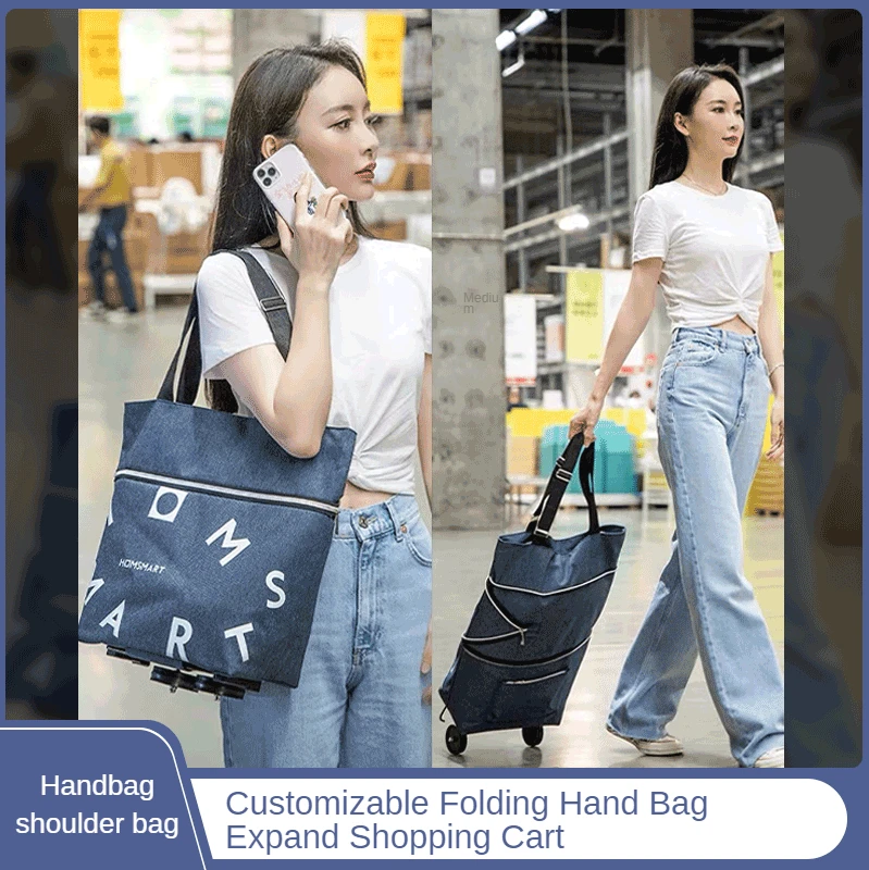 

Mtong Women Portable Shopping Bag Leisure Travel Hand Trailer With Wheels Supermarket Purchase Reusable Folding Zipper Bags