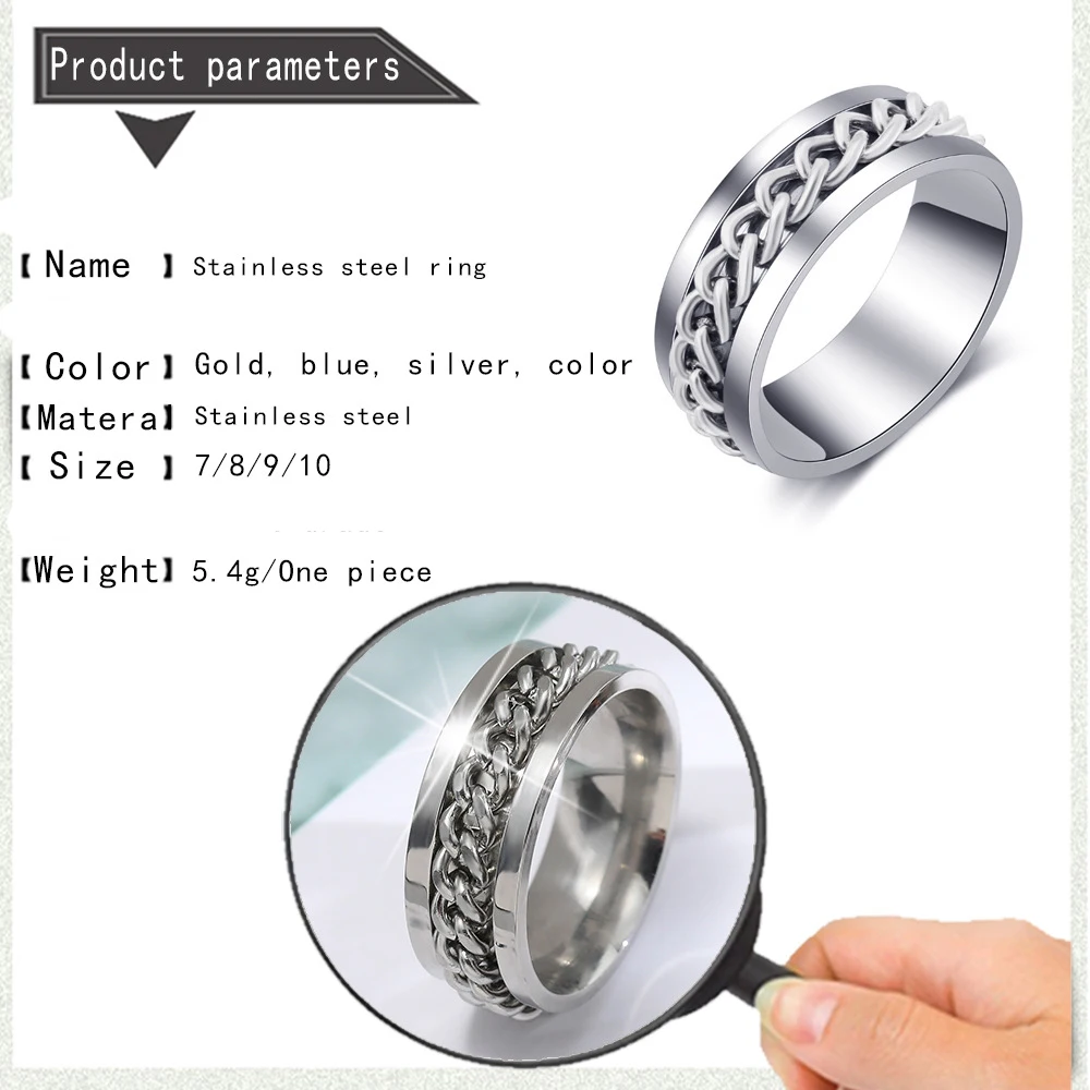 

Rotatable Chain Ring Punk Men and Women Stainless Steel Chain Link Ring Flexible Chain Casual Brother Ring Male Jewelry