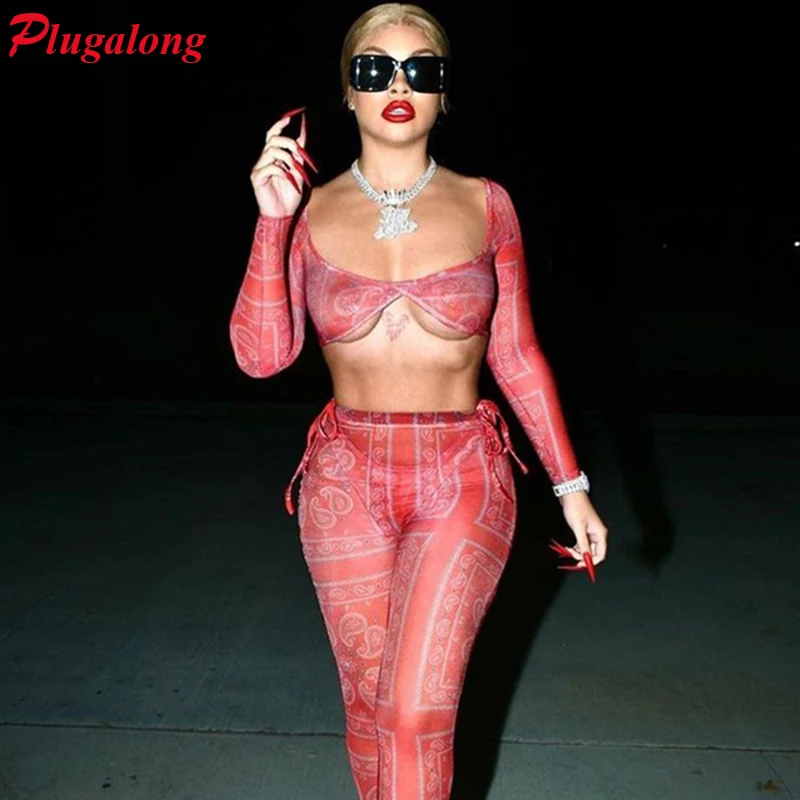 

Plugalong Mesh See Through Sexy Two Piece Outfits For Women 2020 Skinny Low Cut Print Y2K Aesthetic Tracksuits Bodycon Clubwear