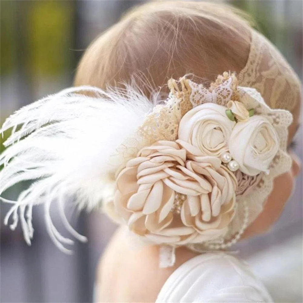 

Vintage Flower Headband Baby Girls Headwraps Newborn Photography Props Gifts Lace Elastic Hair Bands Pearl Feather Accessories