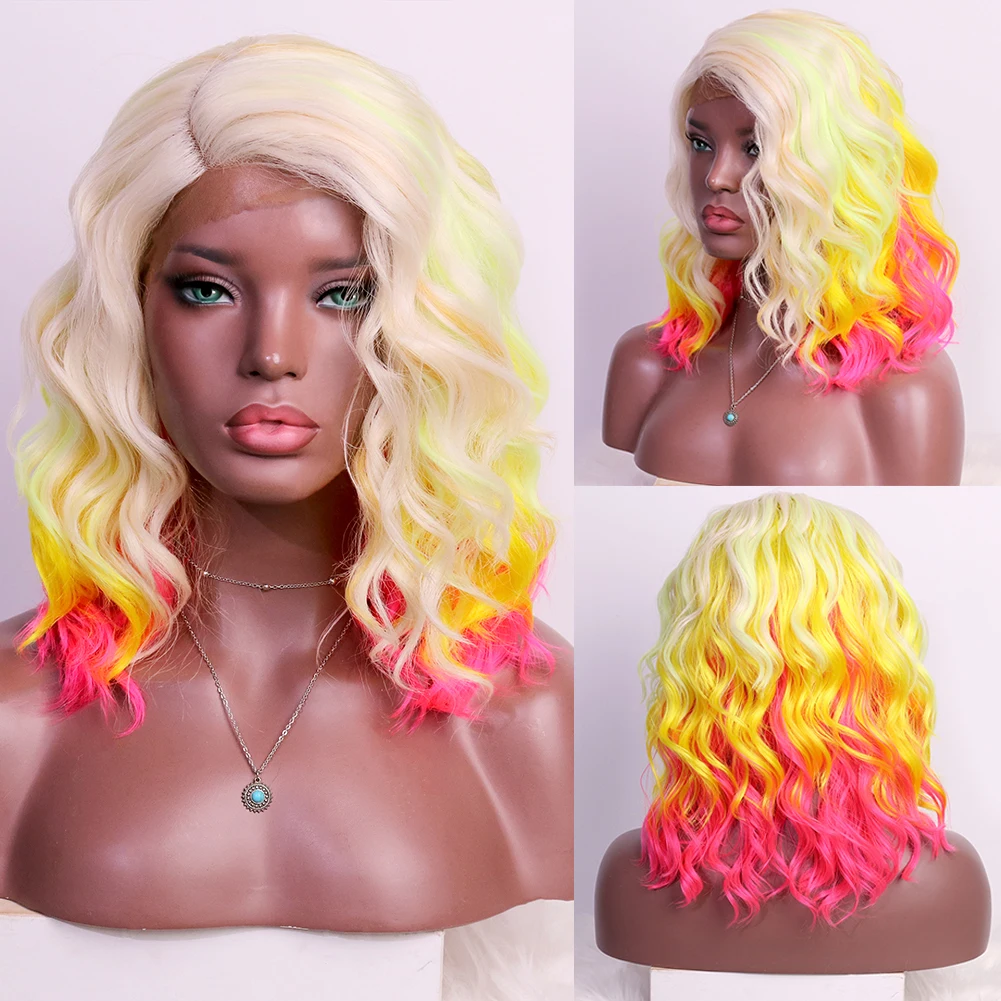 Yellow Red Ombre Synthetic Side-Part Wig Heat Resistant 10-14 Inch Glueless Drag Queen Cosplay Wigs For Black Women OLEY