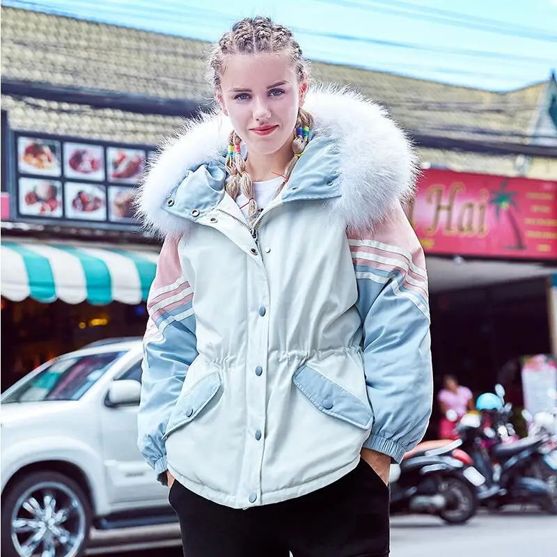 Женский пуховик с меховым воротником и капюшоном модная теплая приталенная