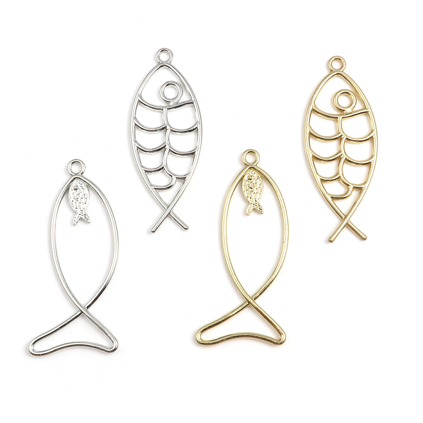 

Religious Pendants Fish Ichthys Hollow Gold/Silver Color Metal Charms Simple DIY Making Earrings Necklace Party Jewelry,10PCs