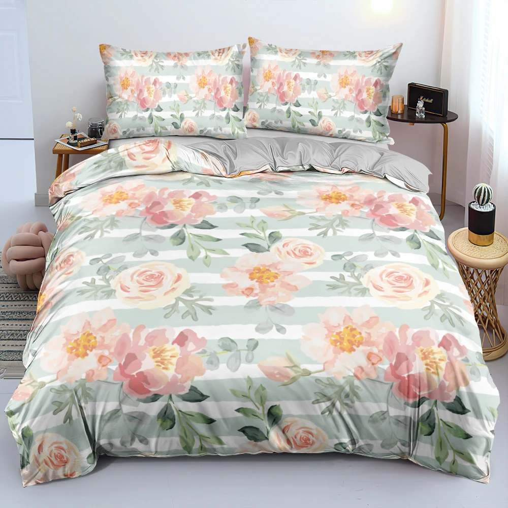 

3D Romantic Style Rose Bedding Sets Bedclothes With Pillowcases Twin Full Queen King Sizes Green-and-White Bed Set For Bedroom
