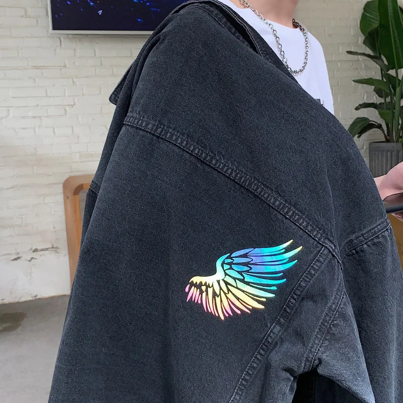 

Aolamegs Retro Denim Jackets Men Reflective Wings Print Casual Harajuku Parkas Spring High Street Streetwear Varsity Jacket Male