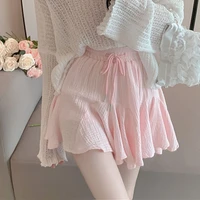women korean high waist sexy solid pleated skirts pink ball gown summer loose a line sweet lace up mini skirts streetwear kawaii