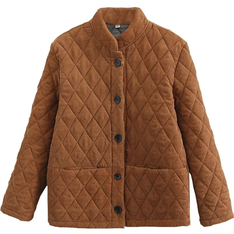 

Middle-aged mother's Corduroy Cotton Jacket Plus size Short Stand collar Warm Coat Loose Button pocket Ladies Outwear Casual Top