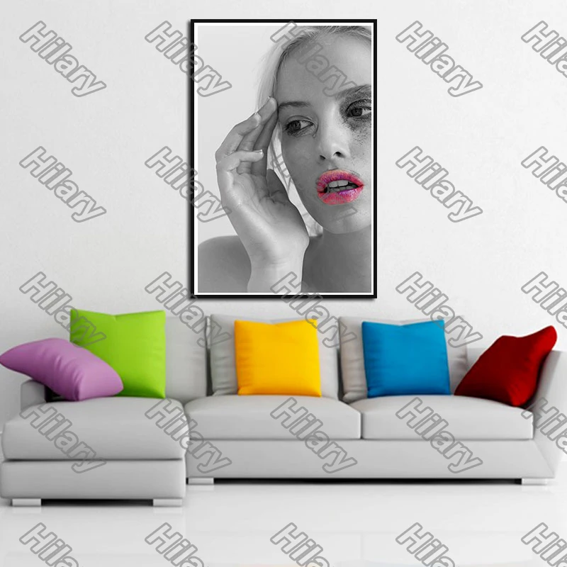 

Posters Grey Girl Pink Lips Stone Figure Painting and Prints Wall Art Decoration for Living Room and Bedroom 2Pcs Frameless