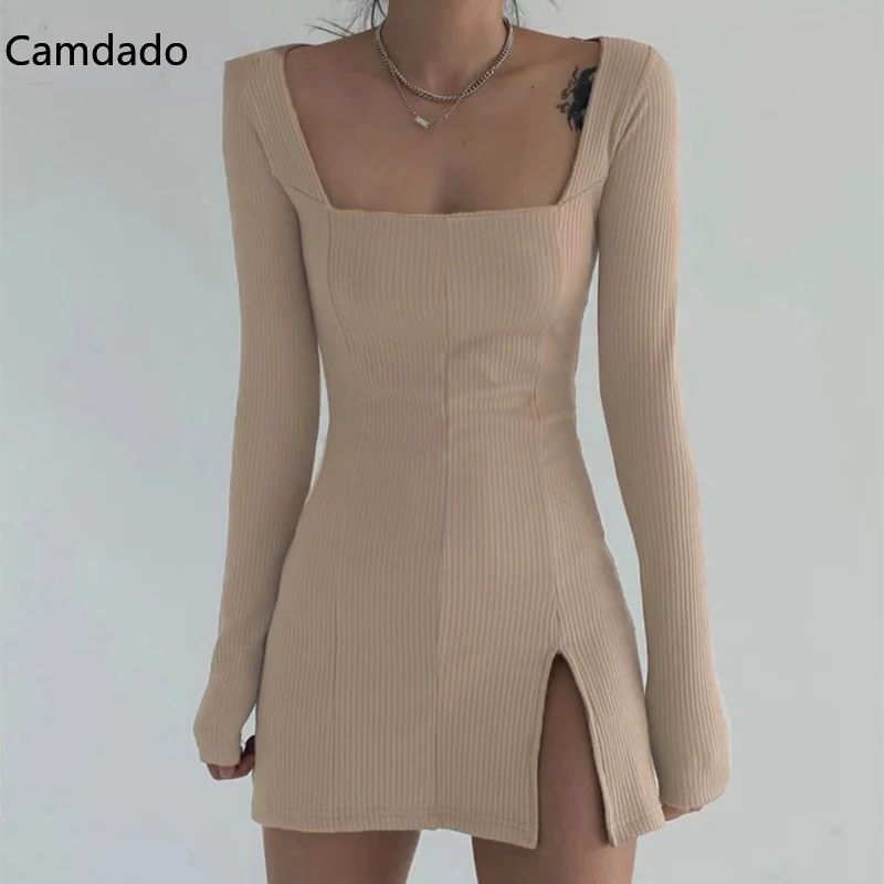 

Spice Girl Elegant Square Neck Ribbed Solid Color Dress Female Knitted Side Split Winter Dress Long Sleeve Mini Dresses Basic
