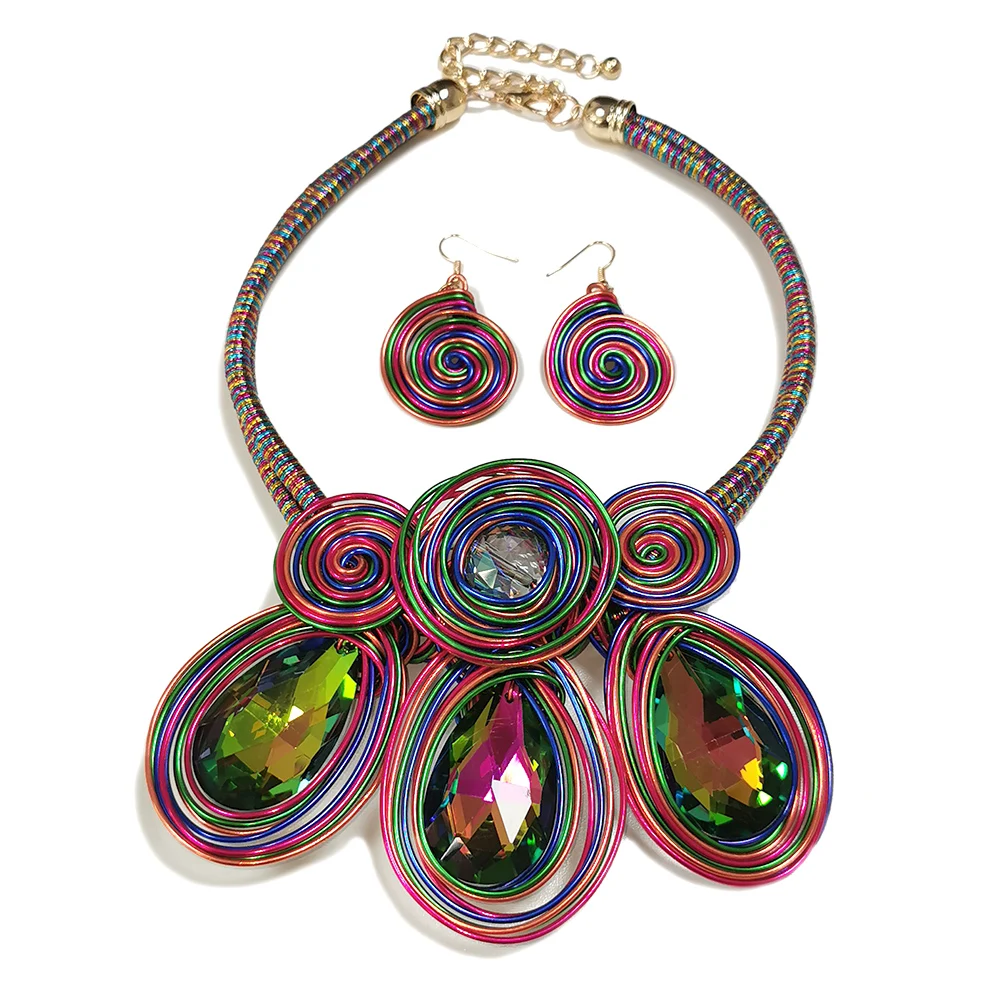 

Винтажные африканские яркие большие кристаллы ручной работы, Линейные серьги, ожерелье, набор из сплава, модные ювелирные украшения для веч...