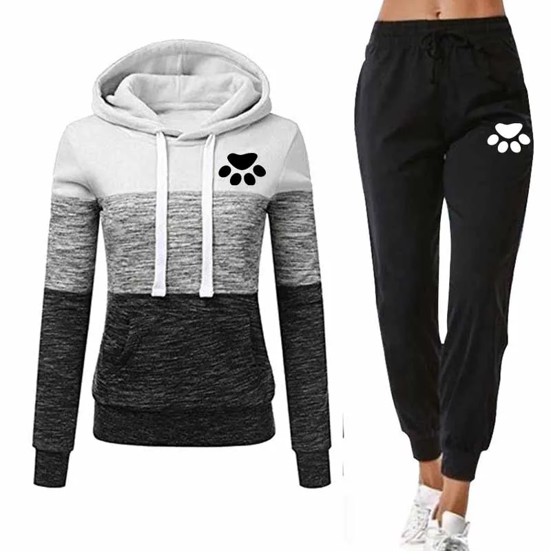 

Tracksuits Women's Zipper Patchwork Hoodie Pants Set Long Sleeve Sportwear 2021 Autumn Winter Suits