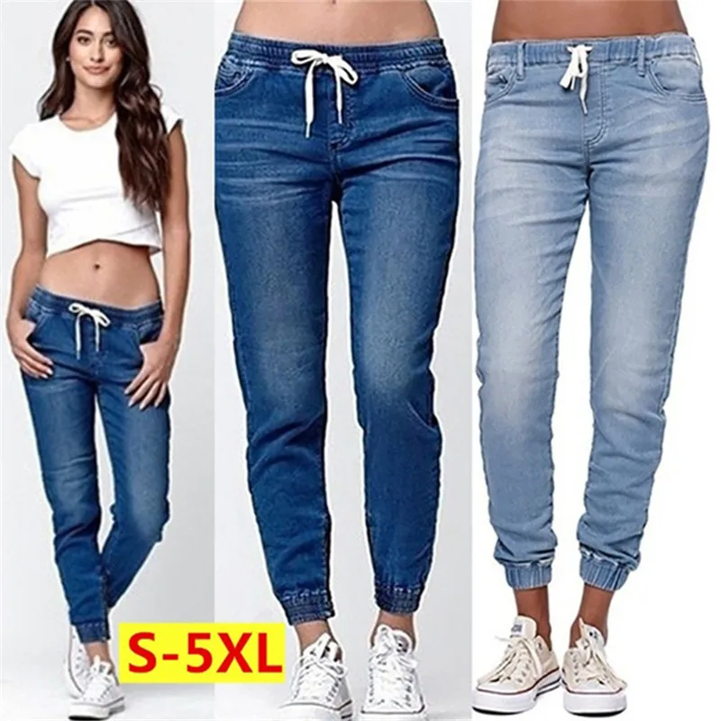 

Lace-up Jeans Ladies Denim Trousers 2021 Summer New Style Plus Size Fashion Loose Elastic Waist Casual Waist Type Fit Type Wash