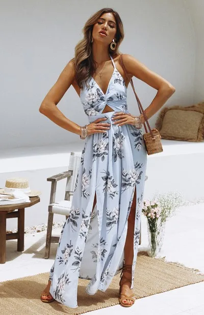 

2020 New Women's Summer Chiffon V-neck Dress Sleeveless Strap Print Slit Backless Dresses High Quality Fashion Sexy Beach Dress