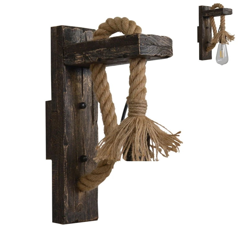

E27 American Style Pastoral Hemp Rope Wall Lamp Creative Vintage Wooden Wall Light for Restaurant Coffee Shop Bedroom Bulb)