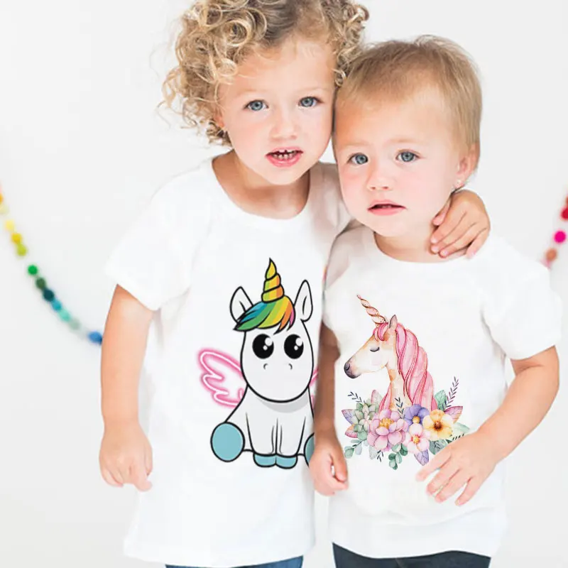 

ZZSYKD Kawaii 2019 New Girls Top Round Neck Fashion Boys T Shirts Cartoon Unicorn Rainbow Pretty Printing Kids Tshirt Leisure
