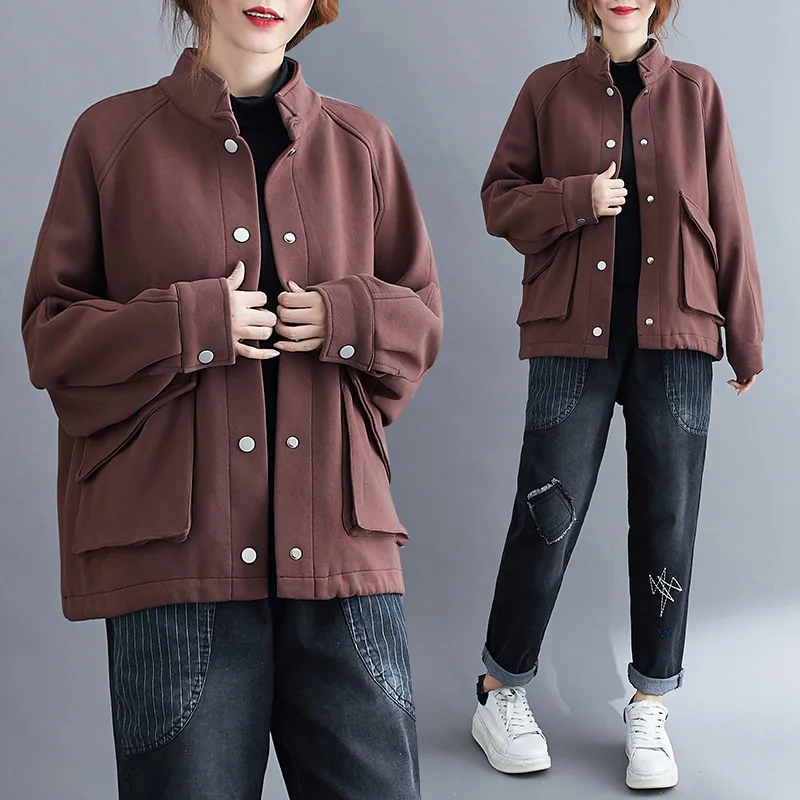 

Женская куртка, Женская бархатная куртка для осени и зимы, свободная повседневная куртка с карманами и воротником-стойкой