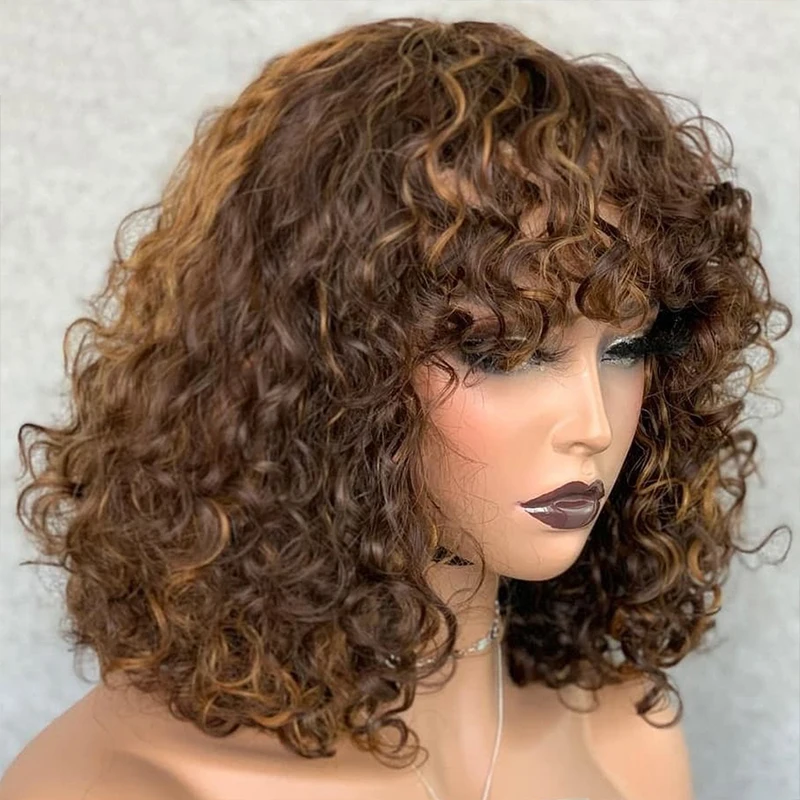 

Highlight Brown Jerry Curly Hair Wig With Bangs Full Machine Wigs Glueless Colored Peruvian Remy Human Hair Wigs For Black Women