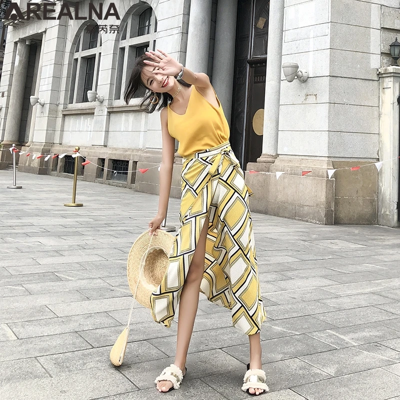 

Women Summer Casual two piece skirt set Sleeveless Soild Tank Tops+print High Waist Split Skirts 2 piece sets womens outfits