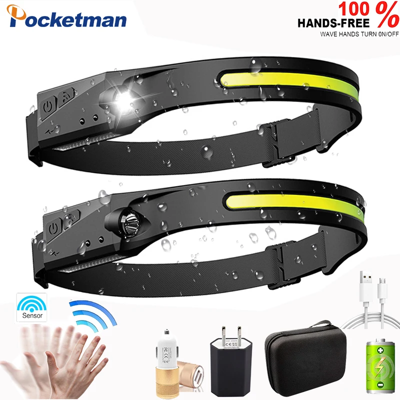 

40000LM Motion Sensor Headlight with Built-in Battery COB LED Headlamp Flashlight USB Rechargeable Head Lamp Torch Work Light