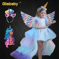 christmas girls unicorn dress with long tail wings wig hairband baby girl princess birthday party ball gown kids horse clothes