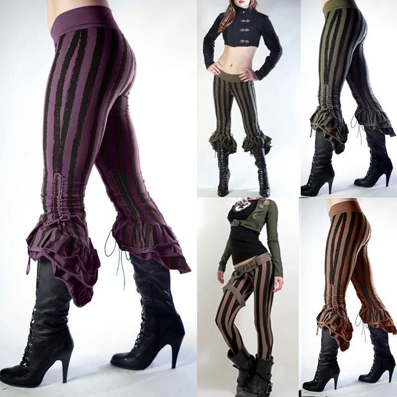 Брюки с вырезами для ботинок женские средневековые Винтажные эластичные штаны в полоску стильные сексуальные стимпанк вечерние Клубные Брюки-клеш больших размеров M~ 3XL