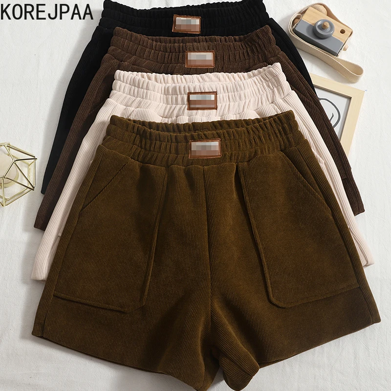 

Korejpaa Double Pocket Shorts Women High Elastic Waist Autumn Winter 2021 New All Matching Wide Leg Pants Outwear Casual