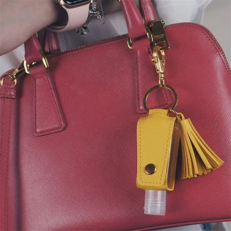 30ml Portable Empty Leakproof Plastic Travel Bottle for Hand Sanitizer with Tassels Leather Keychain Holder Carriers