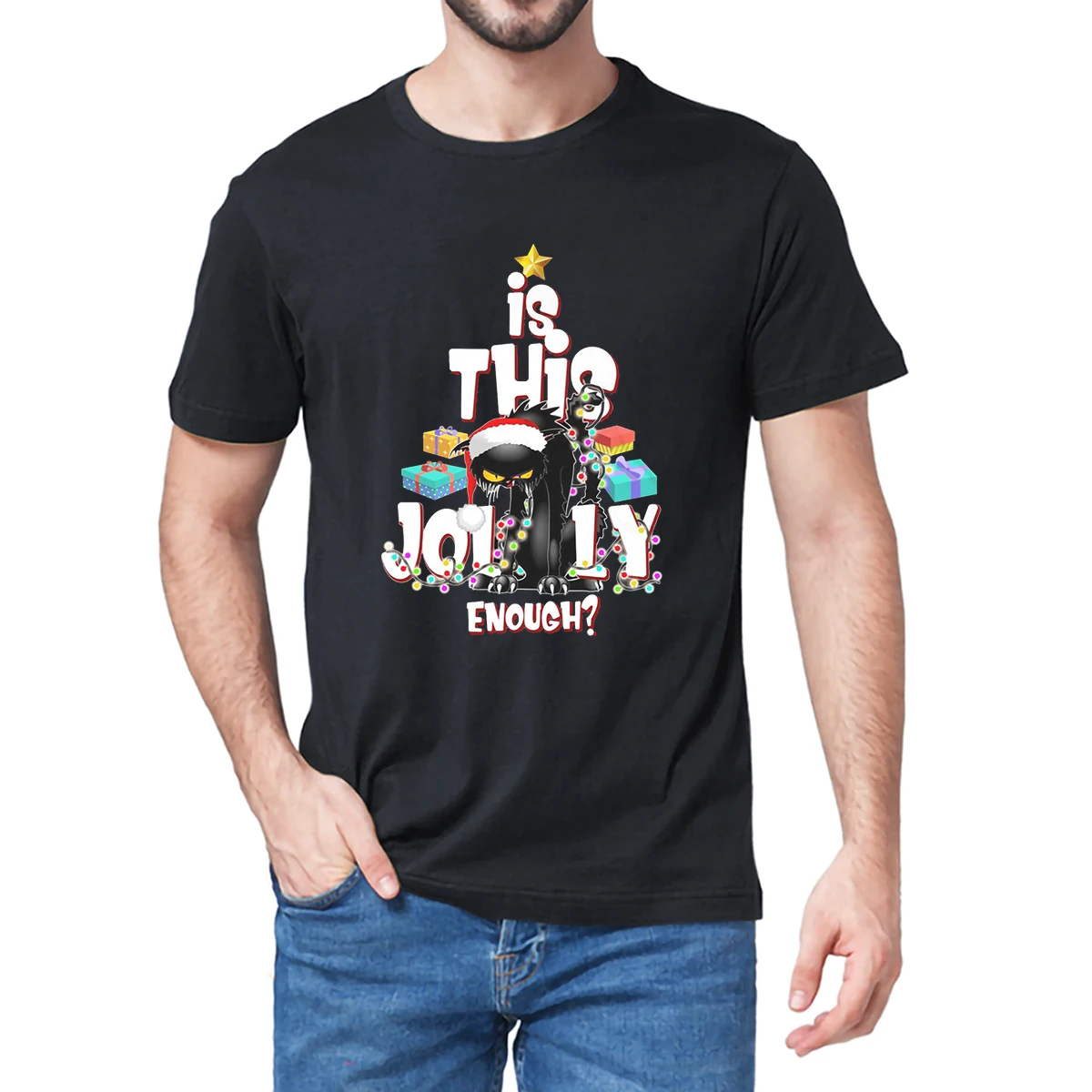 

100% Cotton Is This Jolly Enough Angry Black Cat Vintage Christmas Gifts Xmas Summer Men's Novelty T-Shirt Women Casual Tee