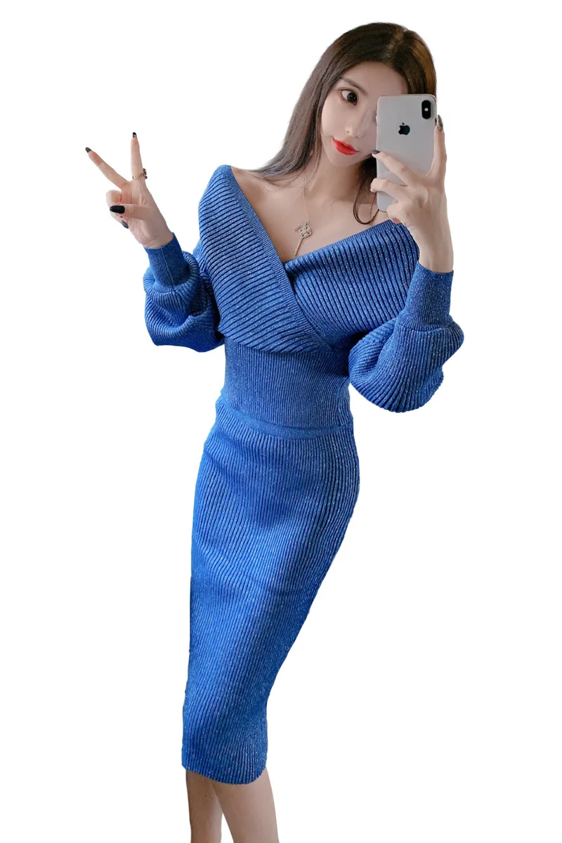 

BacklakeGirls Suit-dress Winter Ladies Dresses Sexy V Neck Long Lantern Sleeve Midi Knitting Dress Sheath Party Dress Free Size