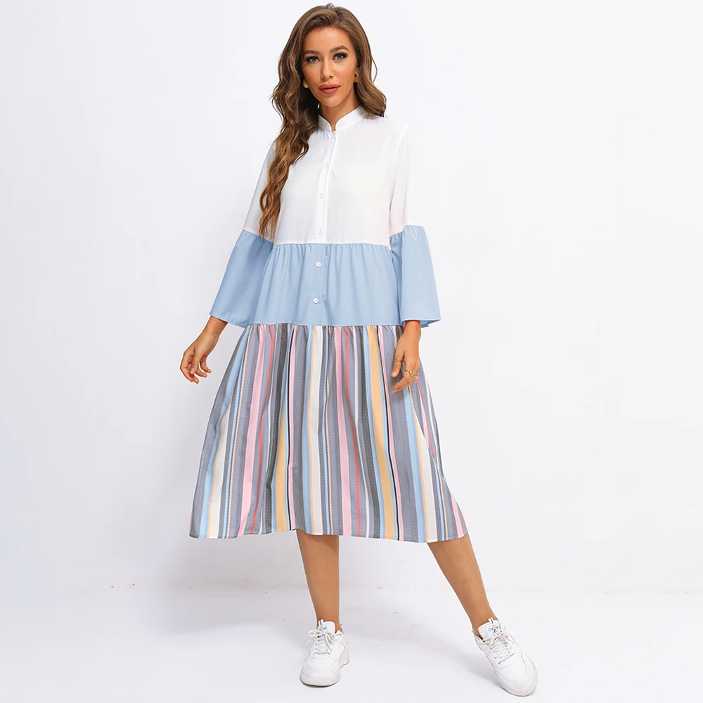 

Fridayin 2021 женское весеннее повседневное лоскутное Полосатое платье с длинным рукавом, подходящая Свободная рубашка, пляжные платья