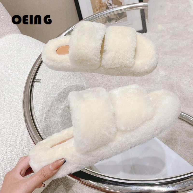 

Winter Women Slippers Fashion Women Non-Slip Full Soft Wool Slides Warm Flat Shoes Female Slip on Outdoor Furry Ladies Slippers