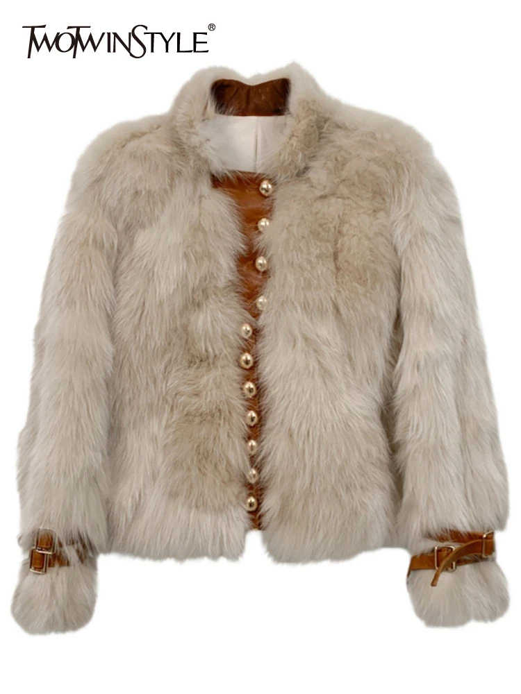 

TWOTWINSTYLE Casual Korean Fashion Jacket For Women Round Neck Long Sleeve Patchwork Fur Loose Coats Female Clothing 2021 Style