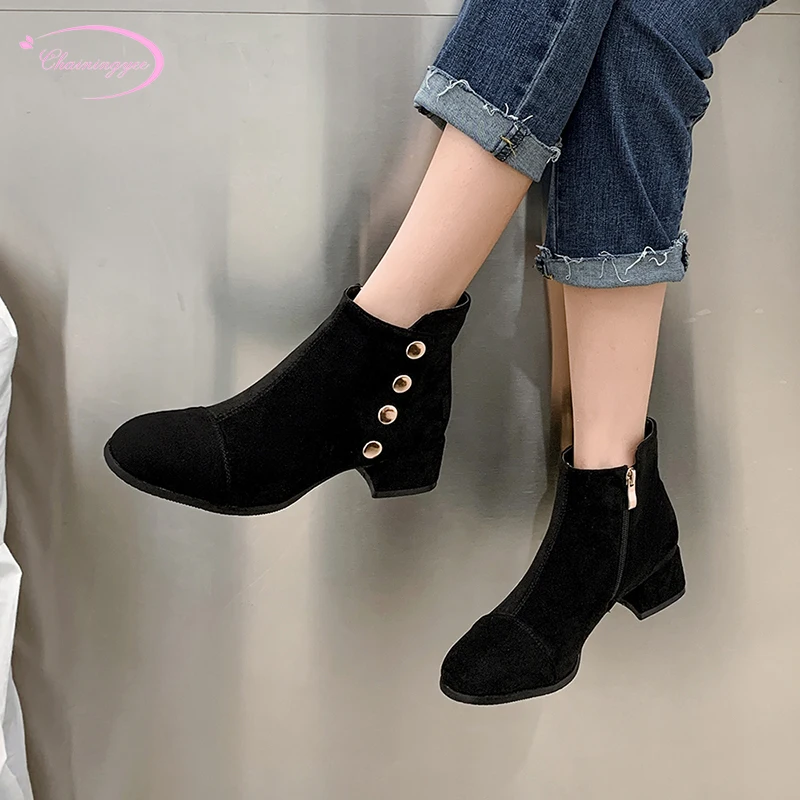 

Casual style comfortable round toe flock ankle boots fashion rivets zipper black gray medium with motorcycle boots women's shoes