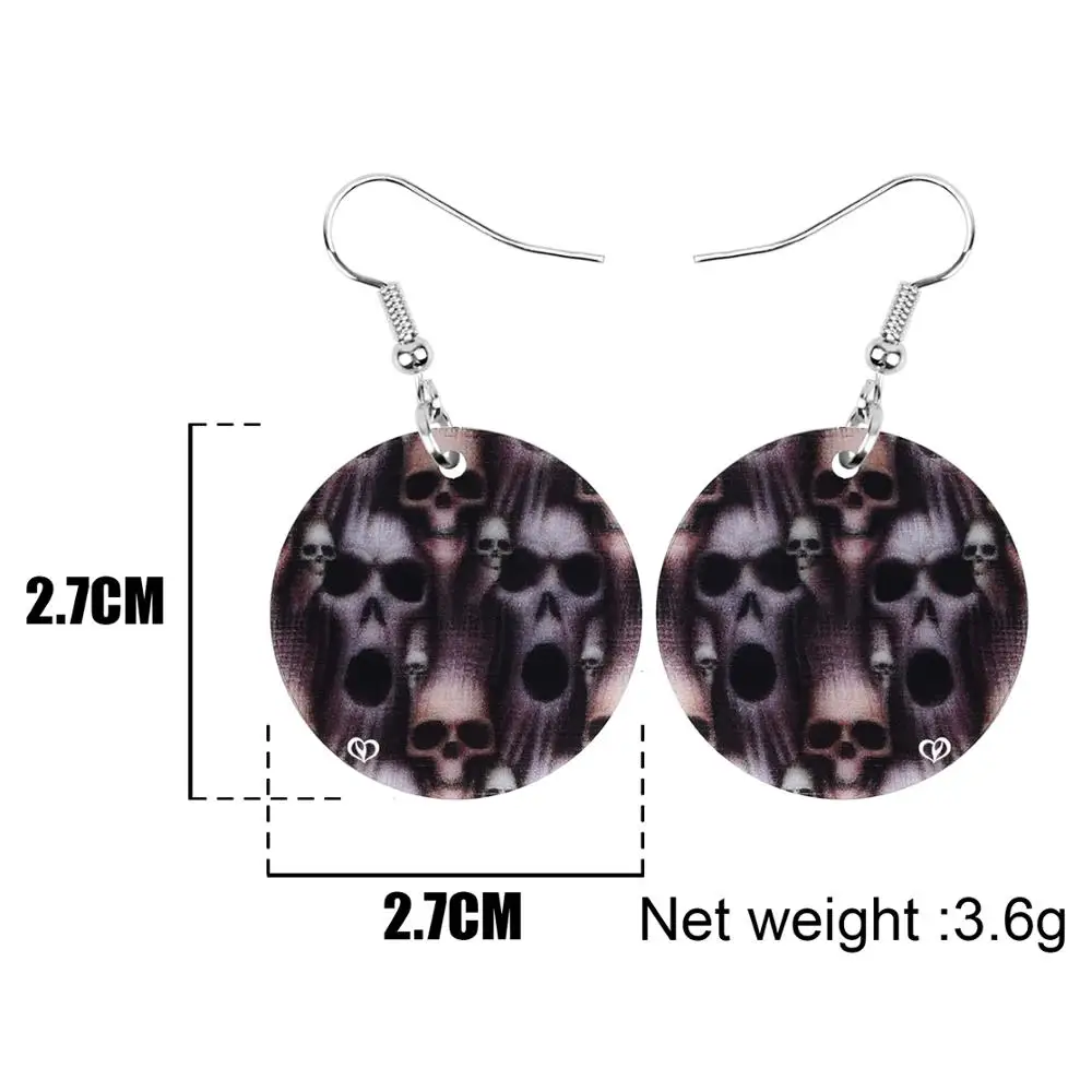 Bonsny Acrylic Halloween Horror Skull Skeleton Head Round Earrings Drop Dangle Festival Decorations Jewelry Women Girl Teen Gift | Украшения