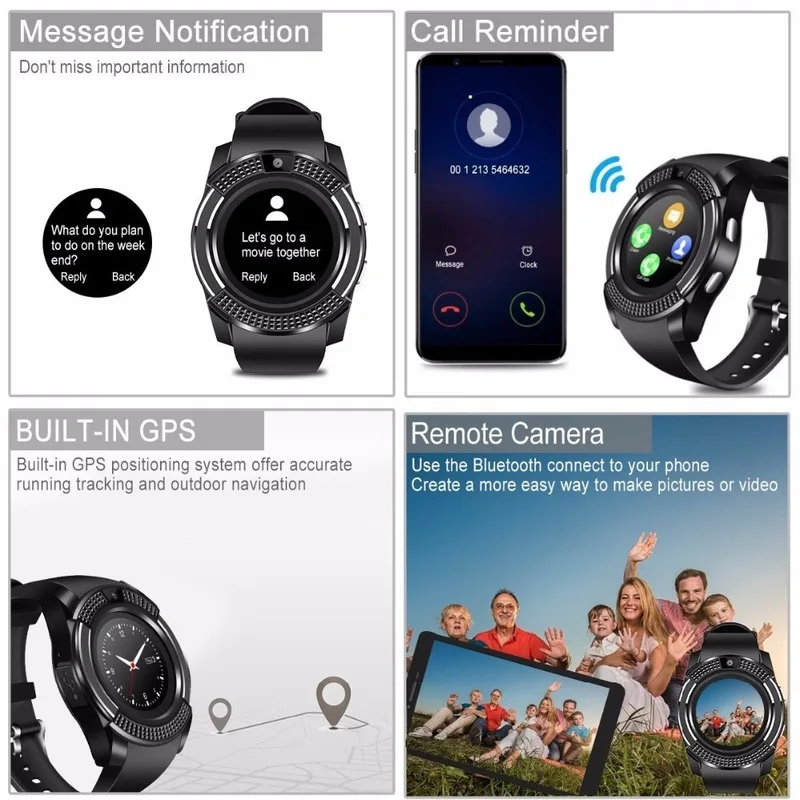 

V8 Smart Watch Men Bluetooth Sport Watches Women Ladies Rel gio Smartwatch with Camera Sim Card Slot PK DZ09 Y1 A1