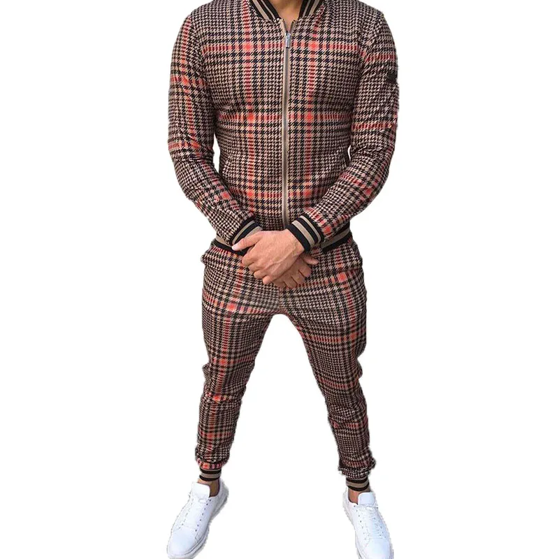 

European and American spring and autumn fashion men's casual sportswear 3D plaid suit zipper jacket pants track suit suit men