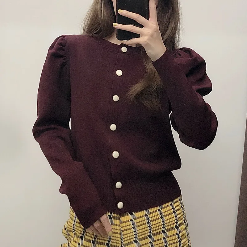 Chic Women Sweater Autumn 2019 New Fashion V-Neck Full Puff Sleeve Modern Lady Cardigans Tops |