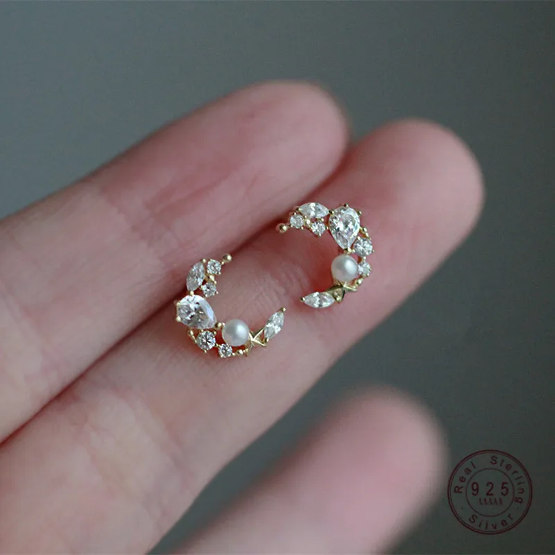

HI MAN 925 Sterling Silver Plating 14K Gold Korean Zircon Pearl Moon Stud Earrings Women Elegant Dating Jewelry