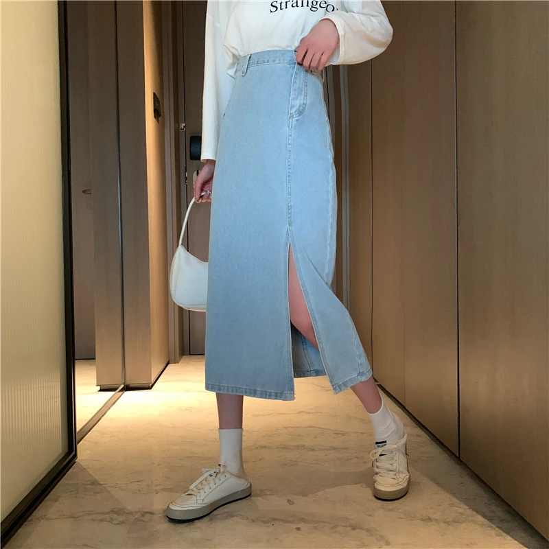 

Limiguyue High Waist Retro Denim Jeans Skirts Casual Sexy Split Women Jean Skirt mid-long skirt Harajuku Slim Simple Saias K728