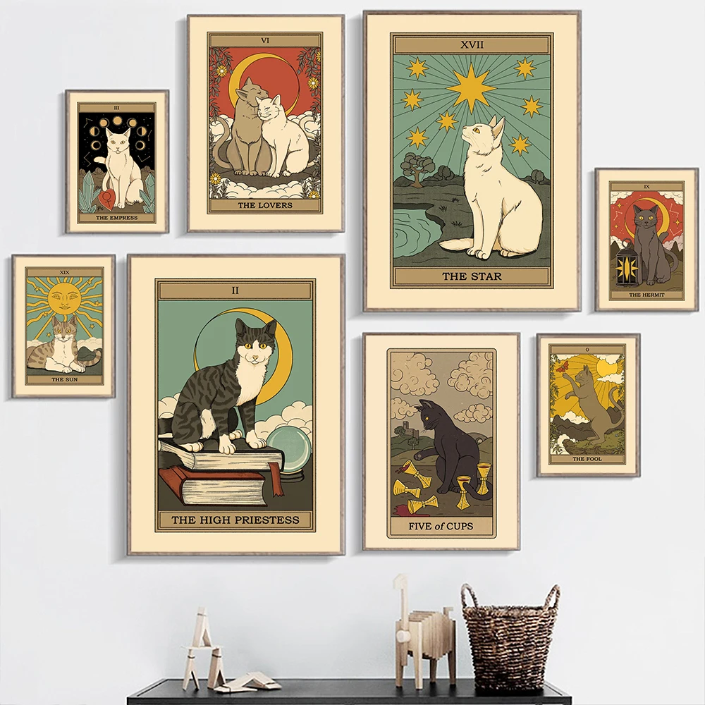 

Nordic Vintage Abstract Animals Tarot Wall Art Canvas Painting The Sun Star Empress Lovers Cat Posters Pictures Room Decor