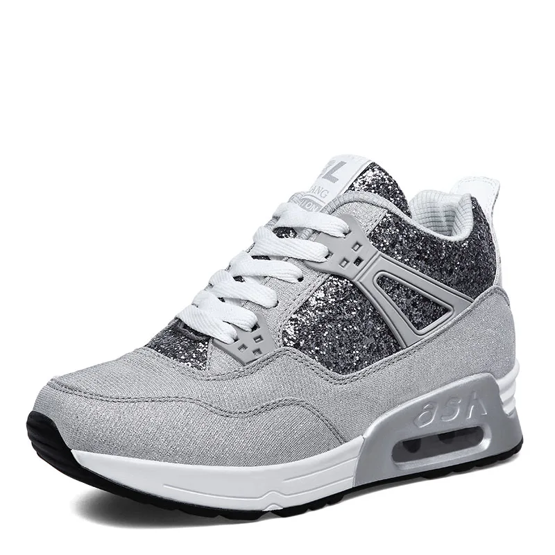 Light Gray Блестящие женские кроссовки для бега со шнуровкой, дышащие кроссовки, увеличивающие рост, женская спортивная обувь - Цвет: Light Gray