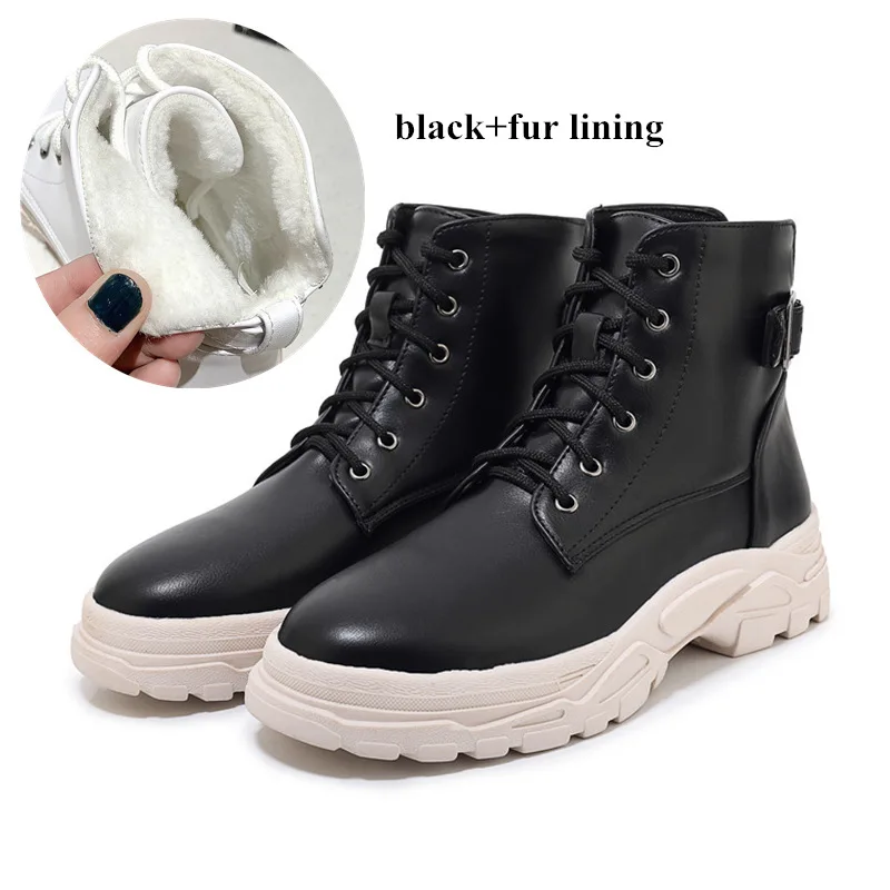 black with fur Женские кроссовки на платформе; Новинка года; зимние ботинки; женская обувь; цвет черный, белый; кроссовки на шнуровке; Повседневная обувь; Плюшевые Теплые осенние модные ботинки с пряжкой для папы; меховые ботильоны для женщин - Цвет: black with fur