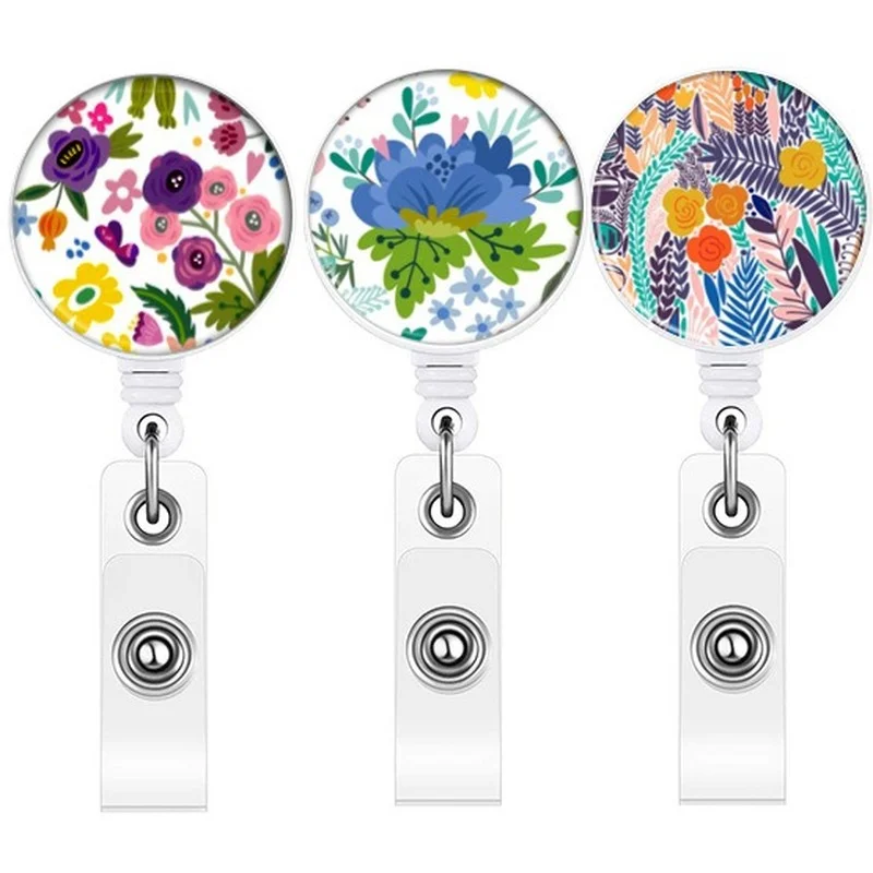 

Colorful Flowers Pattern Plastic Badge Reel Easy Pull Lanyard for Staff Work Card Holder ID Name Badge Holder Accessories Reels
