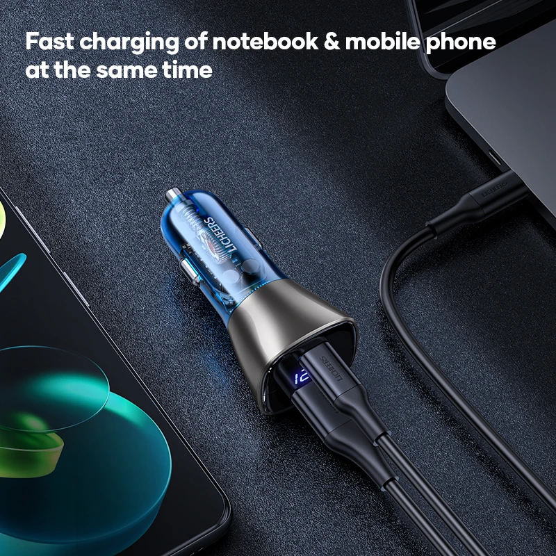 licheers 63w car charger usb type c car phone charger translucent dual port pd qc fast charging for laptop iphone samsung xiaomi free global shipping