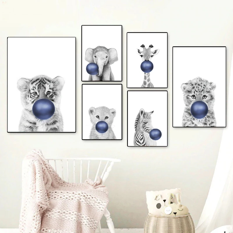 

Cartoon Animal Blowing Bubbles Wall Art Poster Children's Canvases Room Paintings For Nursery Decorative Prints Wall picture